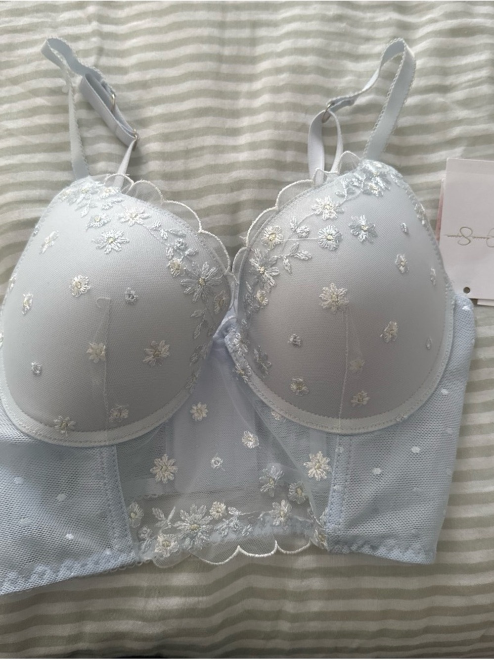 Jessica Simpson Powder Blue Floral Embroidered Longline Bra